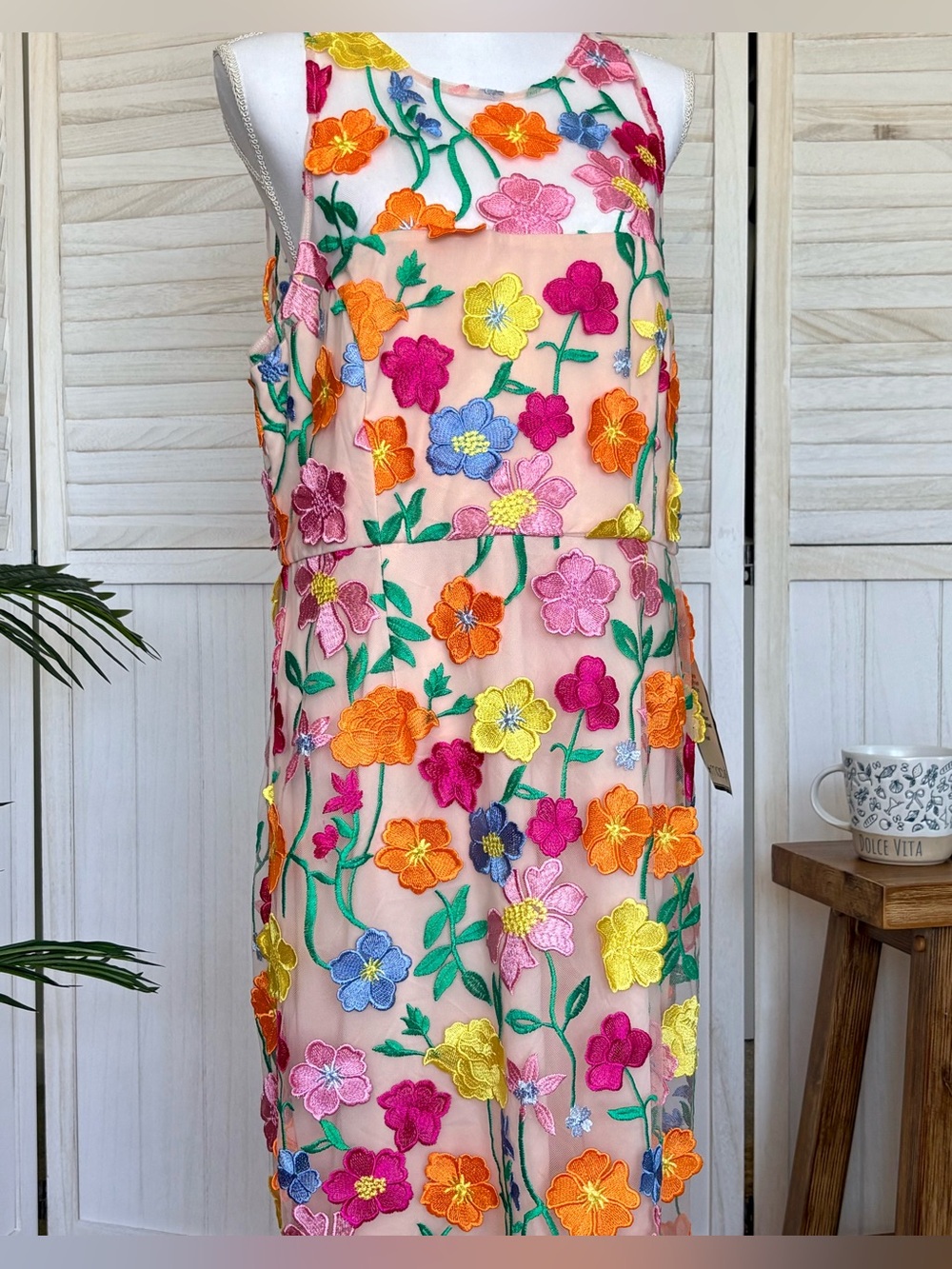 NWT Adrianna Papell Floral Embroidered Mesh Sheath Dress Size 16 Multicolor